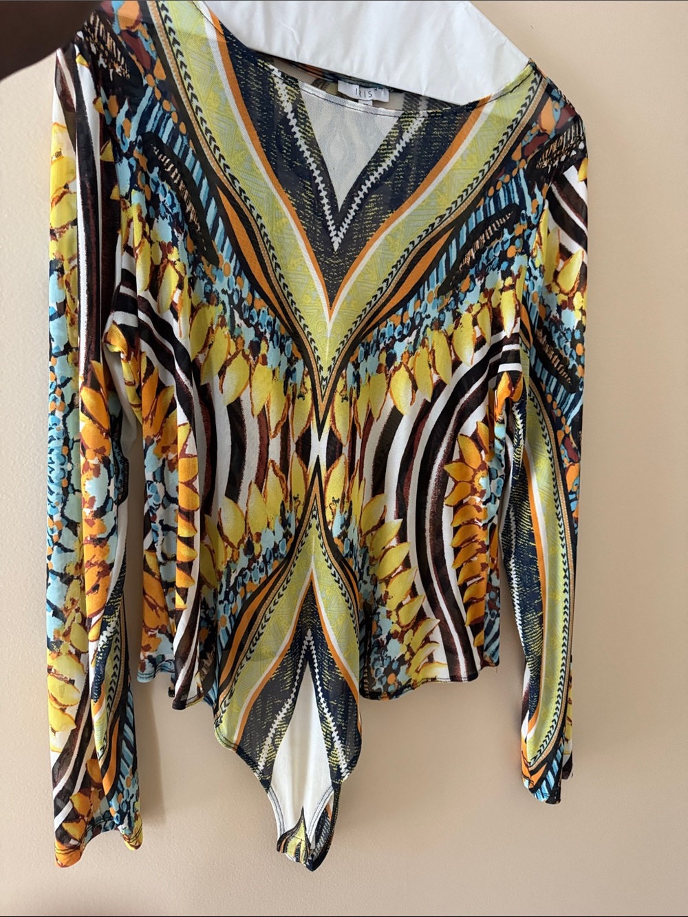 iris  sheer Long Sleeve Printed Bodysuit in Yellow, Blue & Brown
